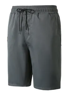 Detailed macro view of grey woven casual shorts with elastic drawstring waistband