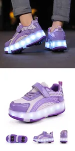 Detailed view of purple LED roller shoes for kids with flashing light-up wheels