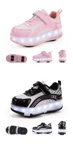 Multi-angle views of children's four-wheeled LED roller shoes in pink and black