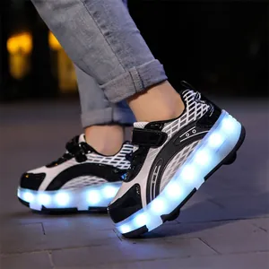 Children's LED light-up roller skating shoes with four wheels in black and white finish