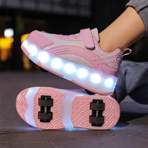 Pink children's LED roller shoes with four wheels for skating and sports practice.