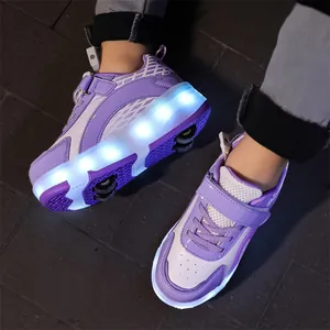 Children's LED four-wheel roller shoes in purple and white with bright glowing lights