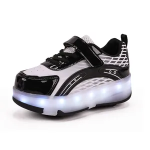 Kids LED roller skate shoes with wheels, black and white leather finish, glowing sole
