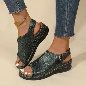 Sandali con Zeppa Donna Retro Vintage Paisley Goffrati Punta Aperta Intagliati Pelle PU Scarpe Estive Comode Cinturino