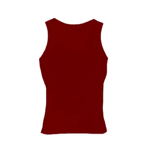 Vista posteriore completa di una canotta sportiva da uomo rosso scuro senza maniche.