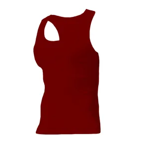 Vista laterale dettagliata di una canotta sportiva da uomo rosso scuro senza maniche