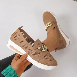 Breathable beige fly-knit women's wedge sneakers with a decorative gold chain