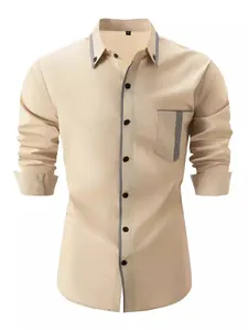 Herren Business-Freizeithemd in Khaki mit langen Ärmeln und grauen Taschendetails