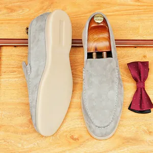 Men's grey suede slip-on loafers with soft rubber sole and comfortable breathable design