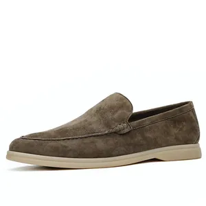 Comfortable men's genuine leather loafers in brown suede with flexible soft rubber sole