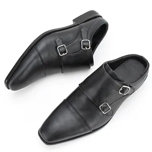 Mules Affaires Homme Double Boucle Monk Strap Chaussures de Ville Cuir PU Sans Lacets Bout Poli Sandales Décontractées Homme