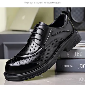 Detailed macro shot of black breathable hollowed leather business shoes with thick soles