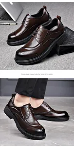 Classic brown perforated leather business casual dress shoes with breathable hollow design