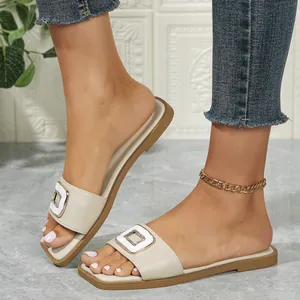 Women Square Toe Flat Slide Sandals 2024 Summer Fashion Rhinestone Buckle PU Leather Casual Slip On Shoes For Women
