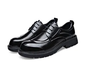 Men's black breathable hollow leather shoes with business casual thick-sole design