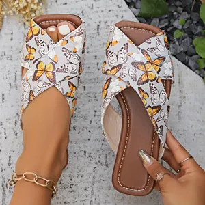 Sandales plates à imprimé papillon et brides croisées pour femmes style plage