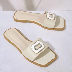 Elegant beige square toe flat slides for women with rhinestone buckle decoration