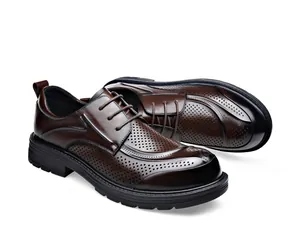 Detailed view of brown hollow breathable men's business casual leather shoes