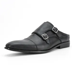 Mules de ville classiques en cuir noir pour hommes avec boucles argentées élégantes