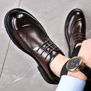 Men's brown breathable hollow leather dress shoes with thick sole and lace-up design