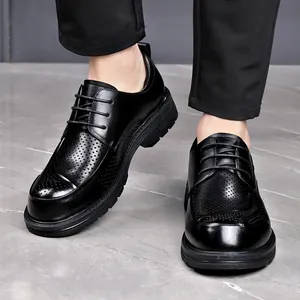 Men's summer breathable hollow leather shoes with thick soles and lace-up design
