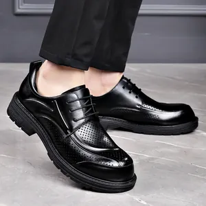 Men's stylish breathable hollow-out leather business casual shoes with thick soles and laces