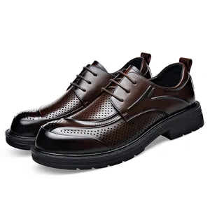Breathable brown leather brogue shoes with thick soles for men's business casual style.
