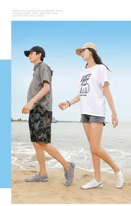 Couple wearing non-slip beach water shoes walking on the sand by the sea