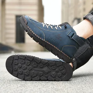 Mocasines casuales para hombre en cuero azul cosidos a mano con suela goma