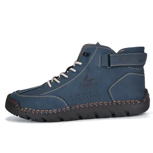 Zapatos casuales de cuero azul para hombre con costuras a mano y suela plana