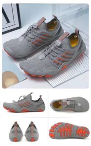 Multi-angle details of grey quick-dry barefoot water shoes with non-slip orange sole