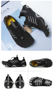 Detailed multi-angle views of black non-slip water shoes for beach and wading.