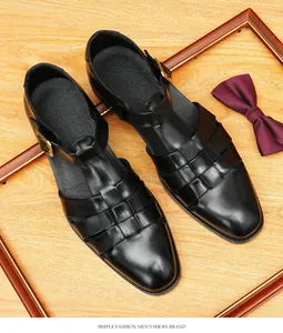 Elegante schwarze Herrenledersandalen mit gewebtem, atmungsaktivem Hohldesign
