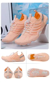Multi-angle views of breathable peach water shoes for beach and swimming activities.
