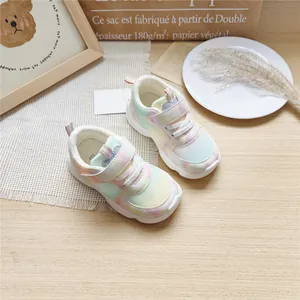 Detail view of pastel gradient children's mesh sneakers with comfortable velcro strap