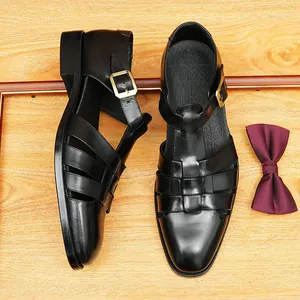 Herren Echtleder Sandalen Britischer Stil Geschlossene Zehe Gewebt Hohl Atmungsaktiv Business Freizeit Rindsleder Sandalen Halbschuhe