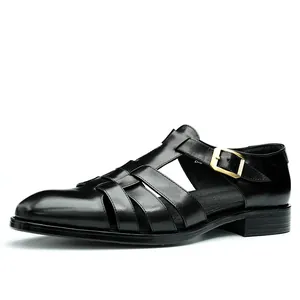 Herren-Fischer-Sandalen aus schwarzem Leder mit verstellbarer goldener Schnalle für die Freizeit