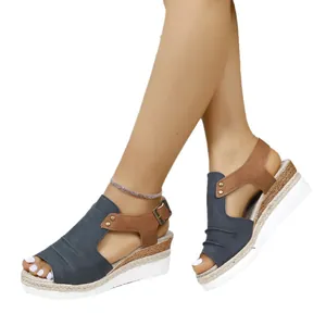 Casual women's blue wedge sandals featuring a braided rope sole and peep toe style