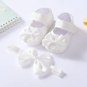 Neugeborene Baby Mädchen Weiße Spitze Prinzessin Schuhe Und Blumen Stirnband Für Ersten Geburtstag Taufe Party Kleiderschuhe