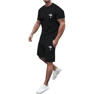 Men's summer casual black t-shirt and shorts activewear set with white palm tree print