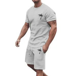 Men's summer casual sports set featuring grey t-shirt and shorts with palm tree logo