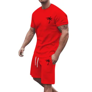 Men's red summer sports set with palm tree print, short sleeve t-shirt and shorts