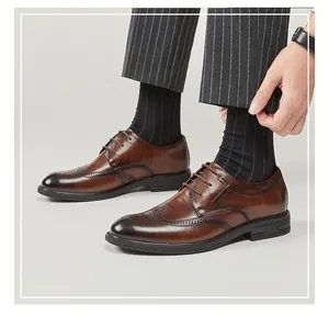 Close-up detail of men's brown genuine leather wingtip brogue shoes with carved patterns.