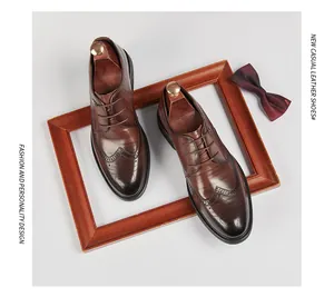 High-quality brown leather Brogue Derby shoes featuring classic wingtip carving