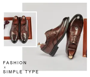 Detailed views of elegant brown leather Brogue shoes for men in a Derby style.