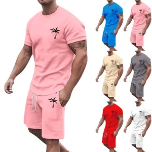 Men's Casual Summer Outfit Polyester Round Neck Short Sleeve Top And Bottom With Coconut Tree Print Drawstring Shorts
