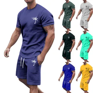 Men's summer casual sportswear set featuring a palm tree print, short sleeve and shorts.