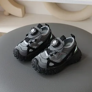 Grey breathable mesh children's sandals with spinning buckle and soft anti-slip sole