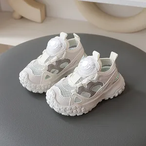 Breathable cream mesh children's sandals with anti-slip soft sole and convenient knob closure