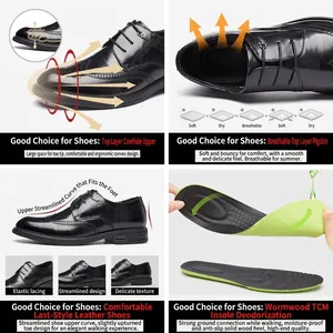 Men's black leather brogue shoes with breathable lining and carved round toe details.
